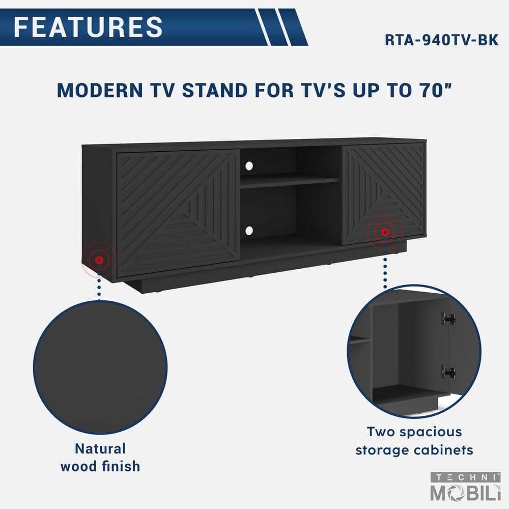 Black Particle Board TV Stand with Chevron Pattern Doors, 63"