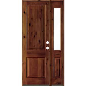 44 in. x 96 in. knotty alder Left-Hand/Inswing Clear Glass Red Chestnut Stain Square Top Wood Prehung Front Door w/RHSL