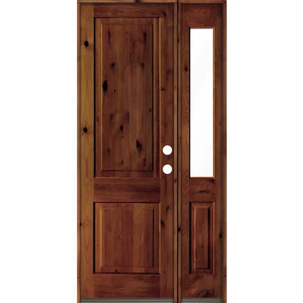 Krosswood Doors 46 in. x 96 in. knotty alder Left-Hand/Inswing Clear Glass Red Chestnut Stain Square Top Wood Prehung Front Door w/RHSL