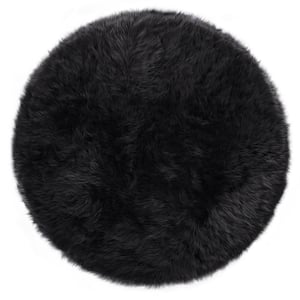 Dark Gray 5 ft. x 5 ft. Round Sheepskin Faux Furry Cozy Area Rug