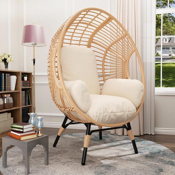 Outdoor Egg Chair Wicker Oversized Egg Basket Chair with Stand, Lounger Chair with Cushion 400 lbs. Capacity
