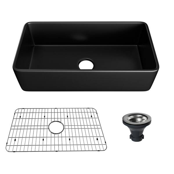 Boyel Living 36 in. Farmhouse/Apron-Front Single Bowl Black S1 Fine Fireclay Kitchen Sink with Bottom Grid and Strainer Basket
