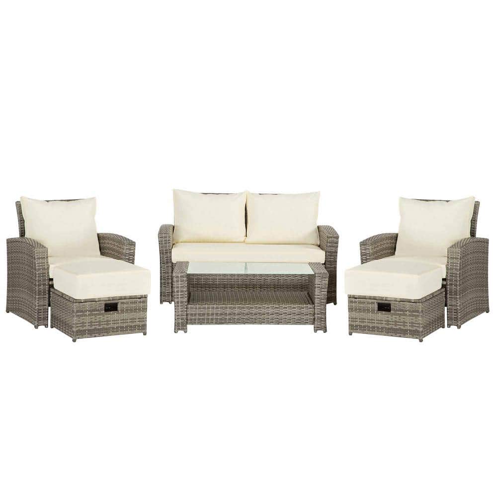 Gray 6-Piece Wicker Outdoor Sectional Set with Coffee Table, Beige Cushions