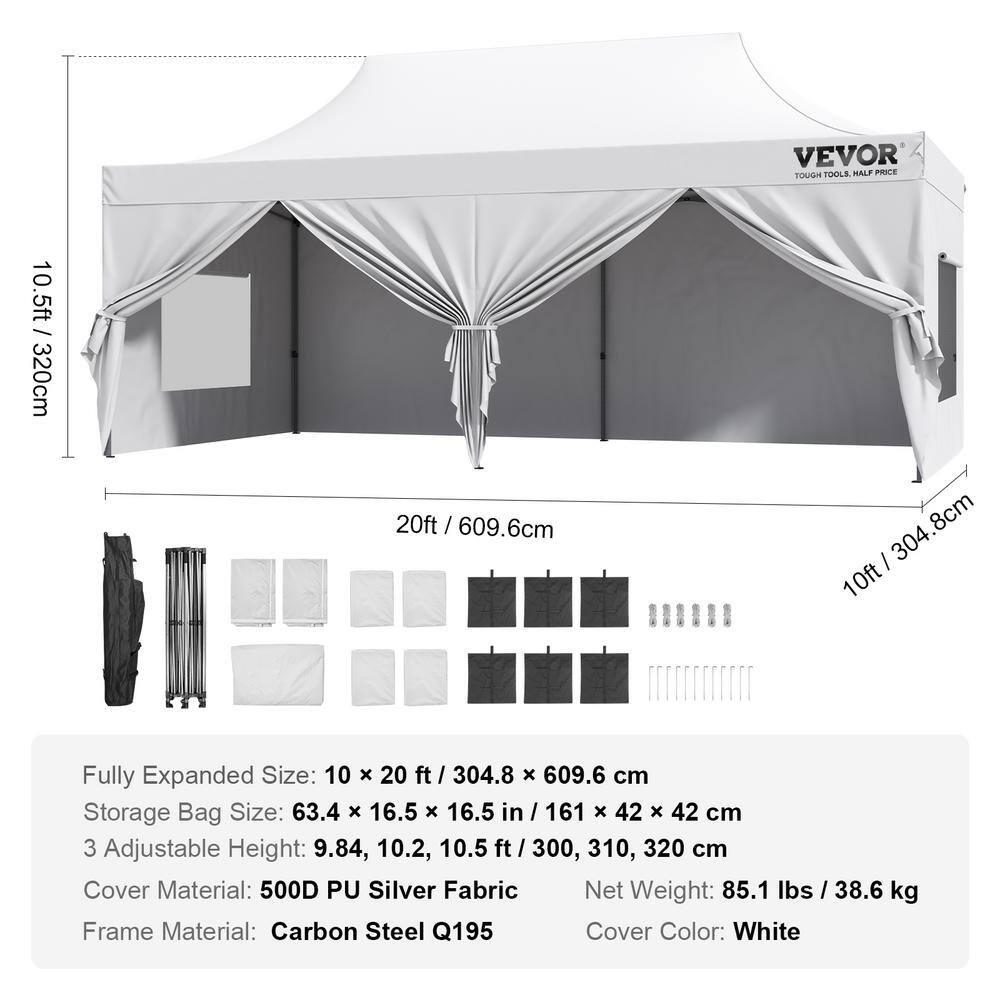 VEVOR 10x20 FT White Pop Up Canopy Tent with Removable Sidewalls