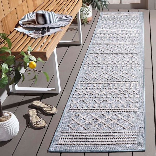 Santorini Blue/Ivory 2 ft. x 10 ft. Geometric Striped Diamond Indoor/Outdoor Runner Rug