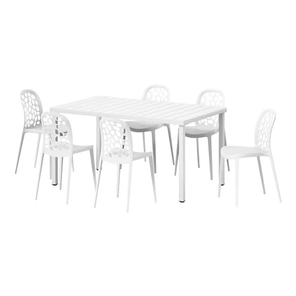 Frond and Form Outdoor Patio Modern 7-Piece Rectangular Steel Table, 6 Stackable HDPE Plastic Chairs Dining Set, White