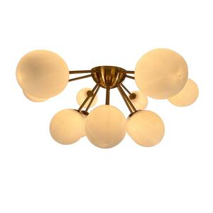 Ootzil 14 in. 12-Light Brass Semi-Flush Mount with White Glass Globes