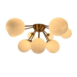 Ootzil 14 in. 12-Light Brass Semi-Flush Mount with White Glass Globes