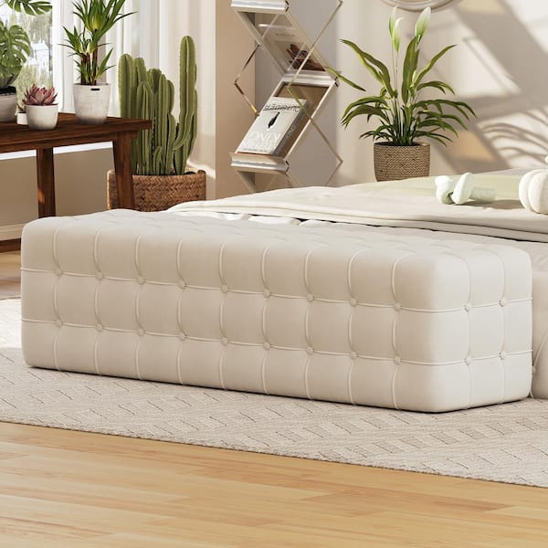 Harper & Bright Designs Button-Tufted White 46.3 in. Velvet Upholstered Bedroom Bench Entryway Bench, No Assembly Required