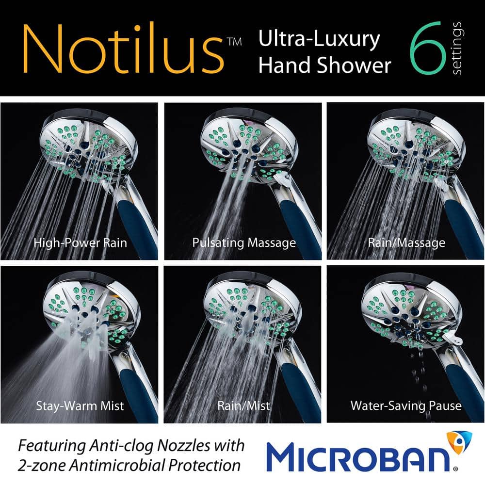 Chrome Handheld Shower Head with Antimicrobial Nozzles and 6 Settings