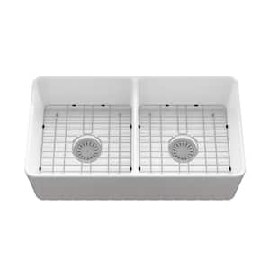 33 in. Farmhouse Apron Double Bowl White Fireclay Kitchen Sink with Bottom Grid and Drain