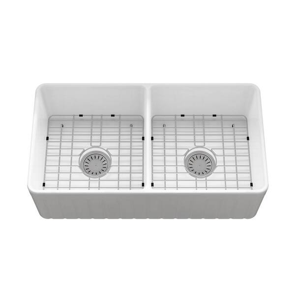 Sinber 33 in. Farmhouse Apron Double Bowl White Fireclay Kitchen Sink with Bottom Grid and Drain