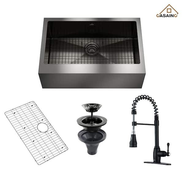 CASAINC 33 in. All-in-One Single Bowl Black Stainless Steel Farmhouse Kitchen Sink with Matte Black Kitchen Faucet