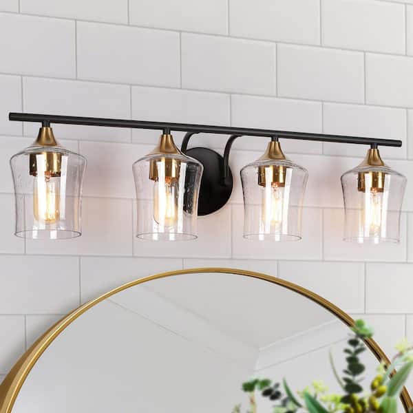20.5 in. Modern 4-Light Black Bathroom Vanity Lights Brass Gold Bath Lighting Seeded Glass Shade Wall Sconce