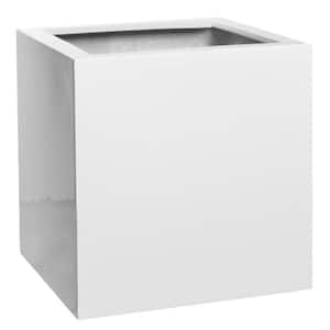Block Small 12 in. Tall Glossy White Fiberstone Indoor Outdoor Modern Square Planter