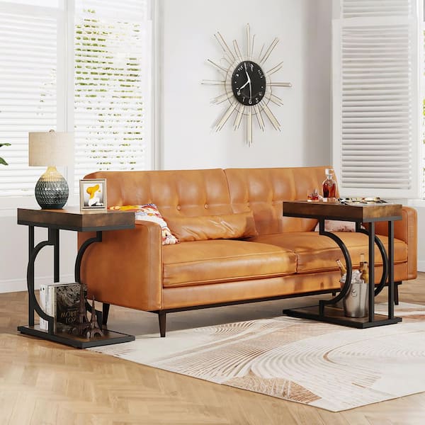 BYBLIGHT Kerlin 23.6 in. Brown and Black C Shaped Wood Narrow End Table, 2-Tier Side Table with Metal Frame for Living Room, 2pcs