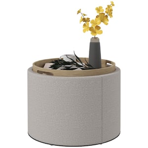 Light Gray Round Upholstered Fabric Storage Ottoman with Flip Top Tray, and Small Coffee Table for Living Room
