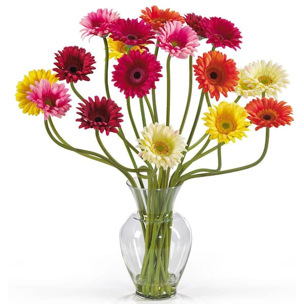 Nearly Natural 21 in. Artificial Gerber Daisy Liquid Illusion Silk Flower Arrangement Mixed Colors