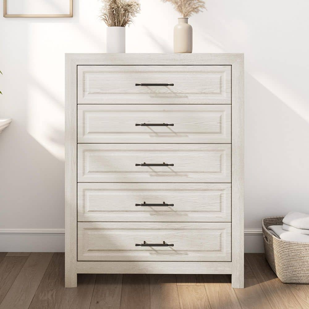 Farmhouse Classic White Chest of Drawers 5-Draw Dresser 47.24 in. H x 36.02 in. W x 15.75 in. D