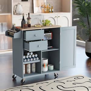 Blue Kitchen Cart on 4 Wheels with 2-Drawers and 3 Open Shelves Kitchen Island with Rubber Wood top for Dinning Room