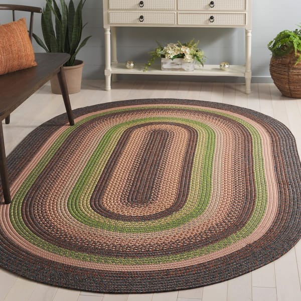 Braided Brown/Green 5 ft. x 8 ft. Machine Washable Multi Striped Oval Area Rug