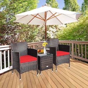 Brown 3-Piece Wicker Patio Conversation Seating Set with Red Cushions