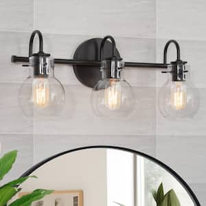 Modern Industrial 22 in. 3-Light Black Bathroom Vanity Light Wall Sconce with Clear Globe Glass Shades
