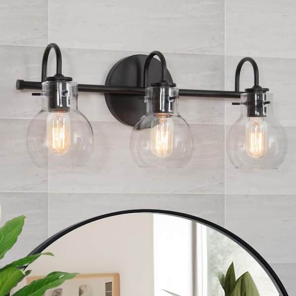 LNC Modern Industrial 22 in. 3-Light Black Bathroom Vanity Light Wall Sconce with Clear Globe Glass Shades