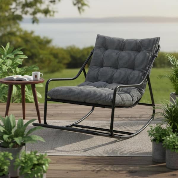 Comfy Rocking Chair with Thick Gray Cushion, Black Frame for