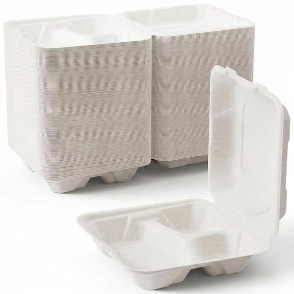 8 in. W x 8 in. L x 1.2 in. H 3-Compartment Sugarcane Clamshell Takeout Boxes, 50-Pack Microwave-safe