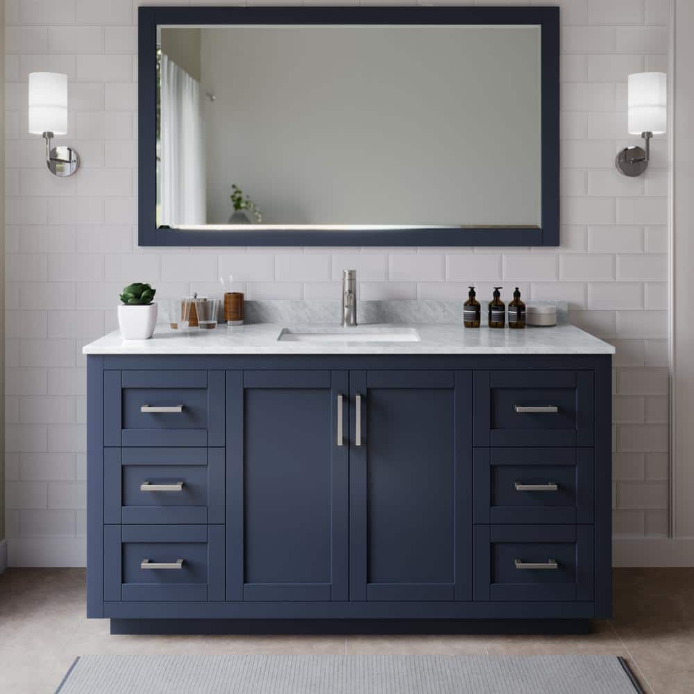 Miranda 66 in. W x 22 in. D x 33.75 in. H Single Bath Vanity in Dark Blue with White Carrara Marble Top price history on PriceWatchPro