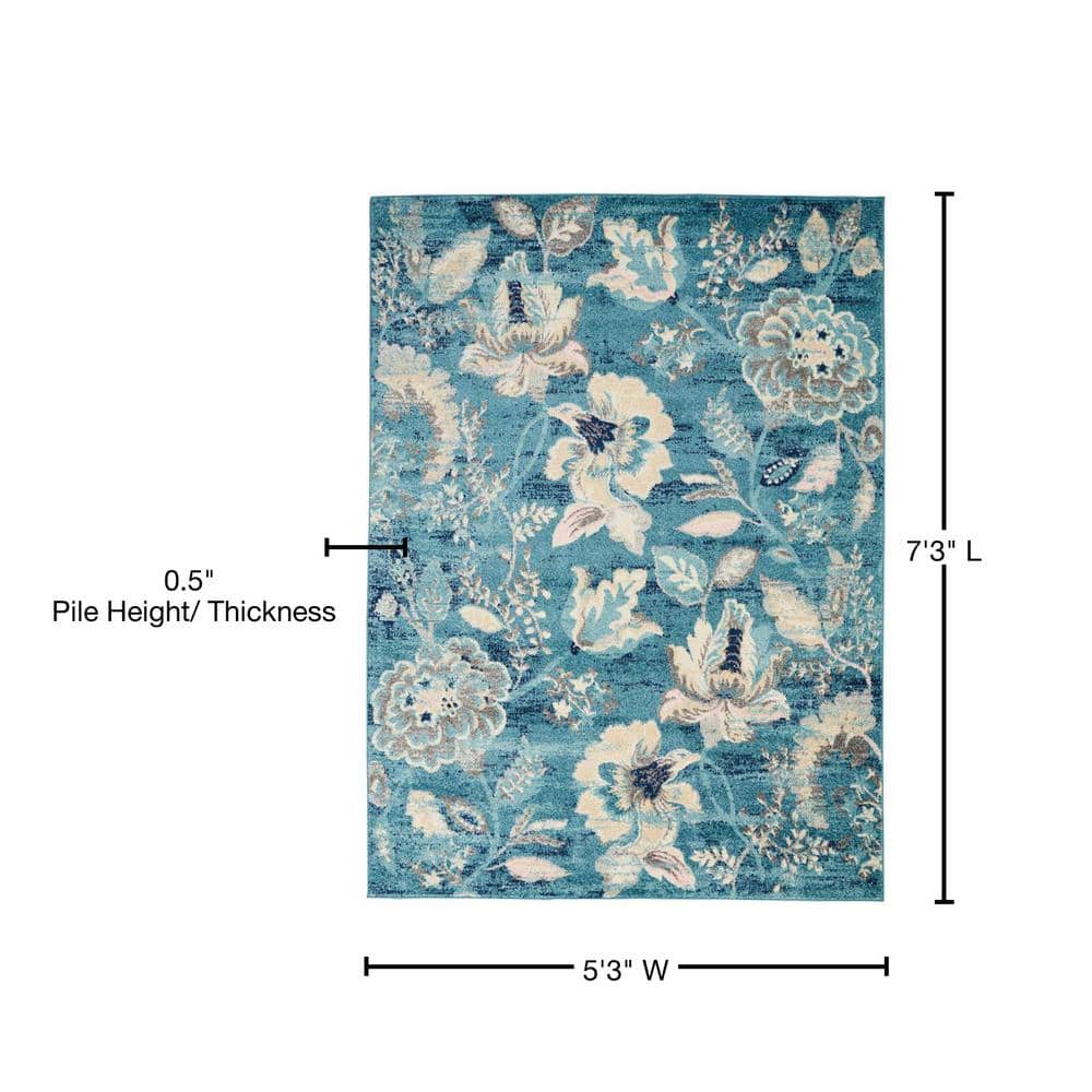 Turquoise Floral Synthetic Rectangular 5' x 7' Area Rug