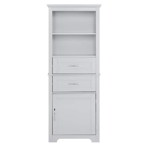 Zeus & Ruta 22.63 in. W x 11.82 in. D x 60 in. H Gray Linen Cabinet with Open Shelves and 2-Drawers