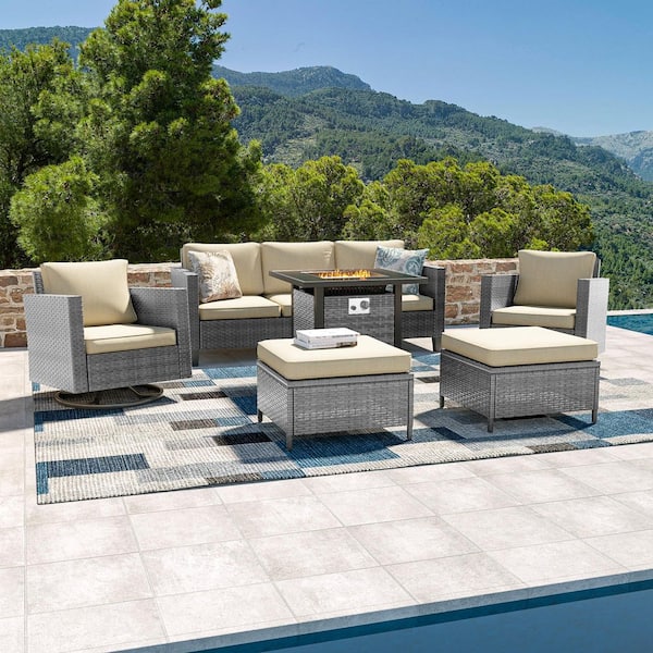 JOYESERY 6-Piecess Patio Conversation Set with 28 in. Fire Pit Table and Swivel Rocking Chairs, Gray Wicker Beige Cushion