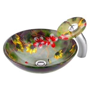 Impasto Series Vessel Sink in Hand Painted Mural with Matching Chrome Waterfall Faucet