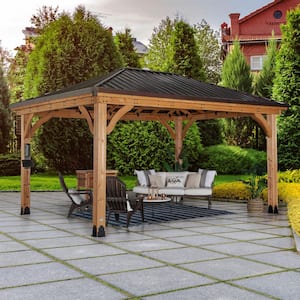 Barrington 16 ft. x 12 ft. All Cedar Wood Outdoor Gazebo Structure w/Hard Top Steel Metal Hip Roof and Electric, Brown