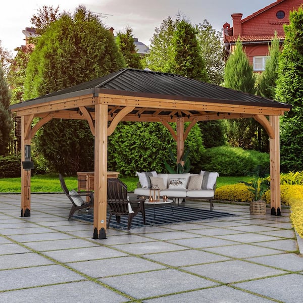 Barrington 16 ft. x 12 ft. All Cedar Wood Outdoor Gazebo Structure w/Hard Top Steel Metal Hip Roof and Electric, Brown