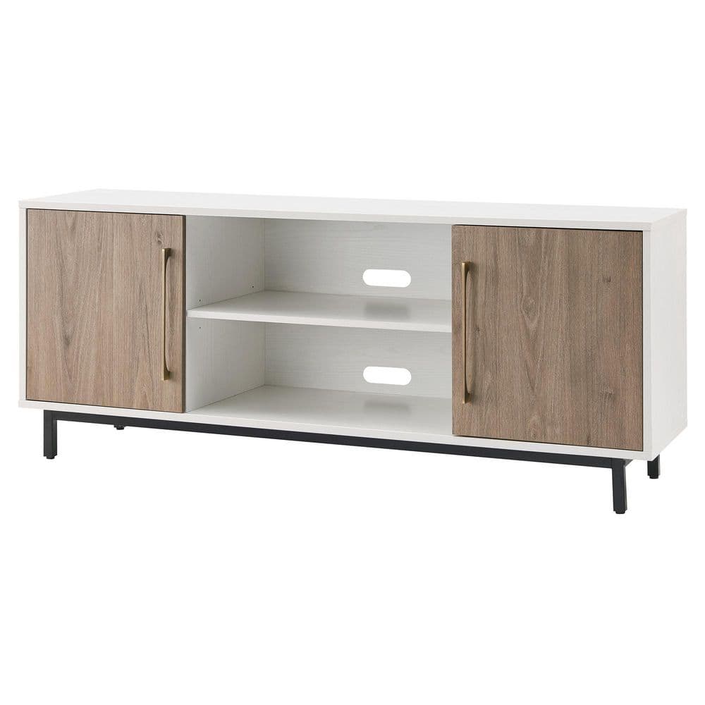 Julian Mid-Century Modern TV Stand in White & Antiqued Gray Oak with Brass Handles