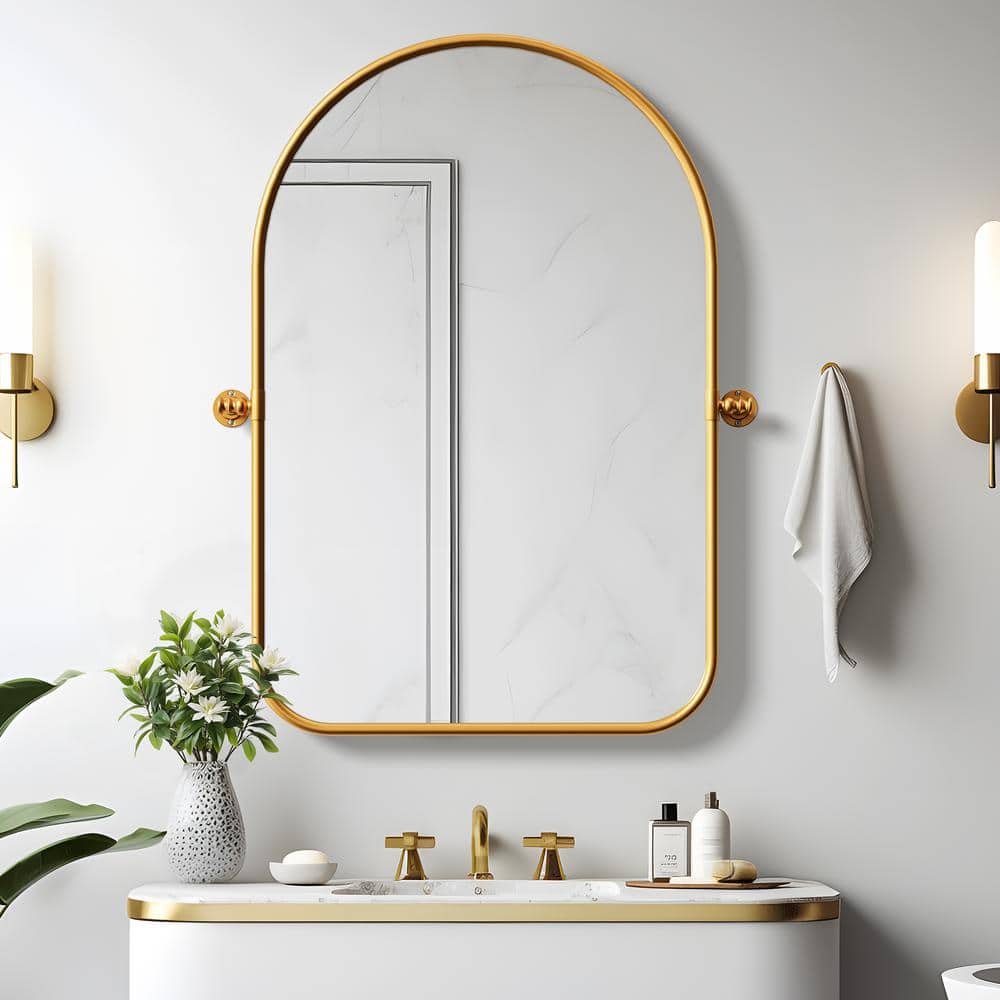 24 in. W x 35 in. H Arched Metal Framed Pivoted Bathroom Wall Vanity Mirror