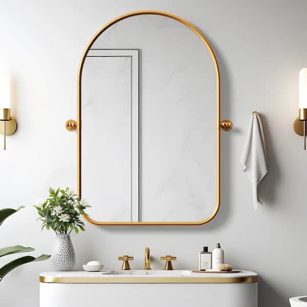 Lirago 24 in. W x 35 in. H Arched Metal Framed Pivoted Bathroom Wall Vanity Mirror with Round Corners in Gold