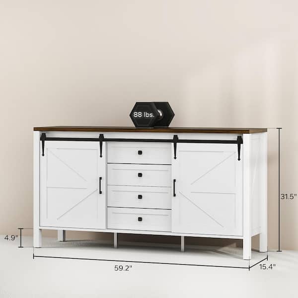 White MDF 59.2 in. Sideboard with Sliding Barn Doors, Drawers and Adjustable Shelves