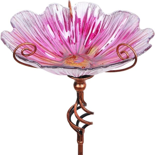 31 in. Height Glass Birdbath Birdfeeder with Metal Stake Garden Yard Outdoor, Pink