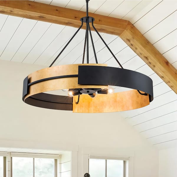 RRTYO Freemont 6-Light Modern Farmhouse Black Gold Leaf Circle Wagon Wheel Ring-Shape Chandelier for Kitchen Island