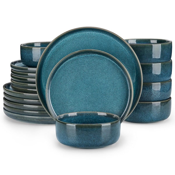 18-Piece Blue Stoneware Dinnerware Set Service for 6 Reactive Glaze Bowls and Plates Tableware Dinner Set