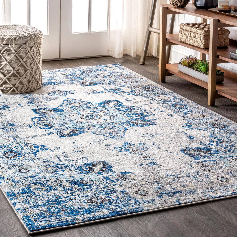Ivory and Blue Persian Boho Vintage Medallion Area Rug