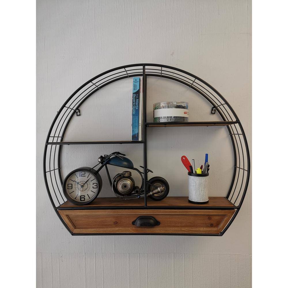 Black Iron and Wood 4-Tier Floating Wall Shelf
