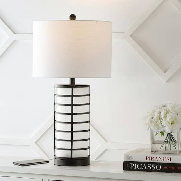 JONATHAN Y Jayce 27 in. Black Modern Industrial Iron Nightlight LED Table Lamp with USB Charging Port