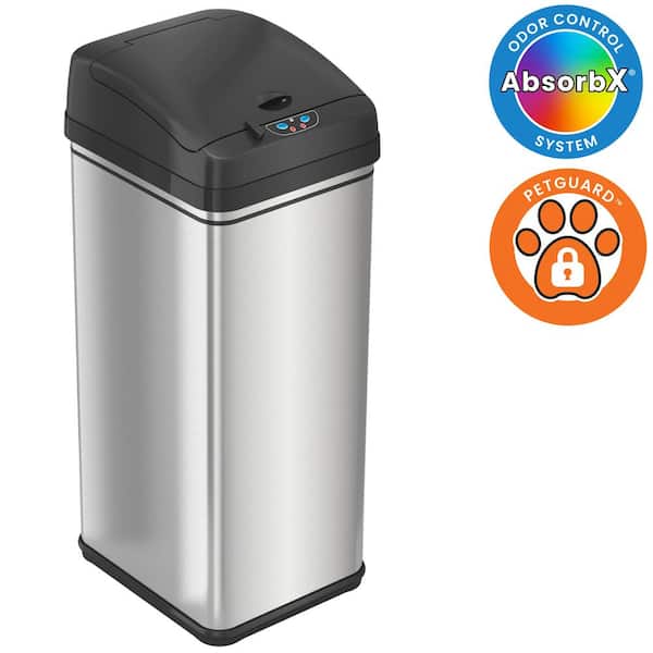 13 Gal. / 49 Liter Stainless Steel Household Metal Trash Can with Sensor Lid, Odor Filter and Pet-Proof Lid Lock