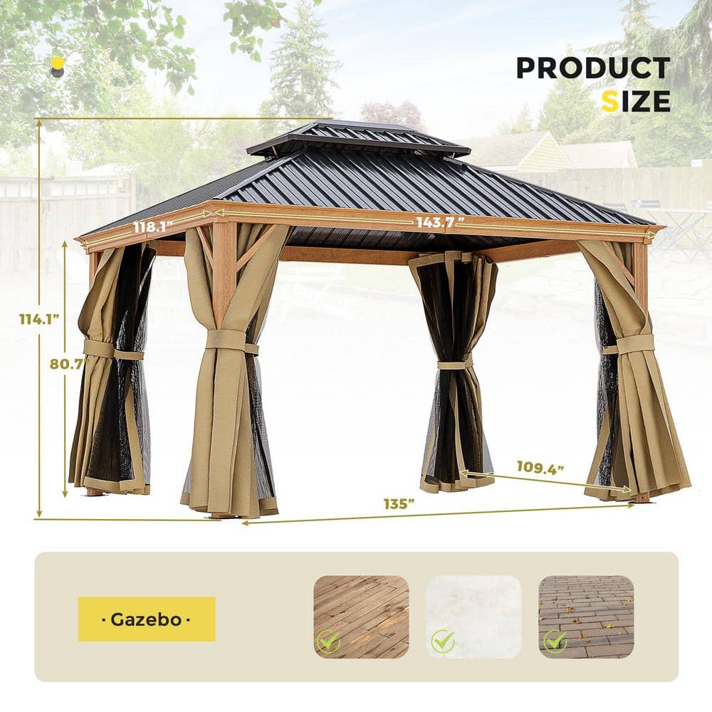 11x10 Black and Beige Metal Hardtop Patio Gazebo with Netting