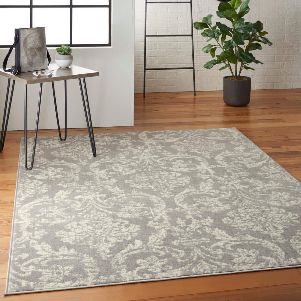 Jubilant Grey 6' x 9' Synthetic Vintage Damask Area Rug